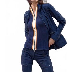 Anatomie Charlize Sweater Top Full Zip Navy Blue with Tangerine Stripe Size XS